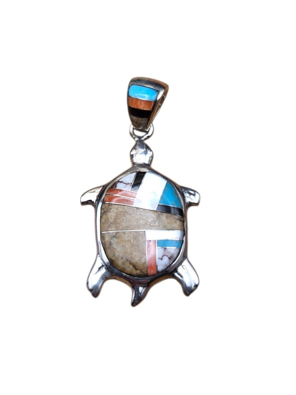 YW Sterling Silver Turtle Inlay Pendant with Blue and Brown Accents